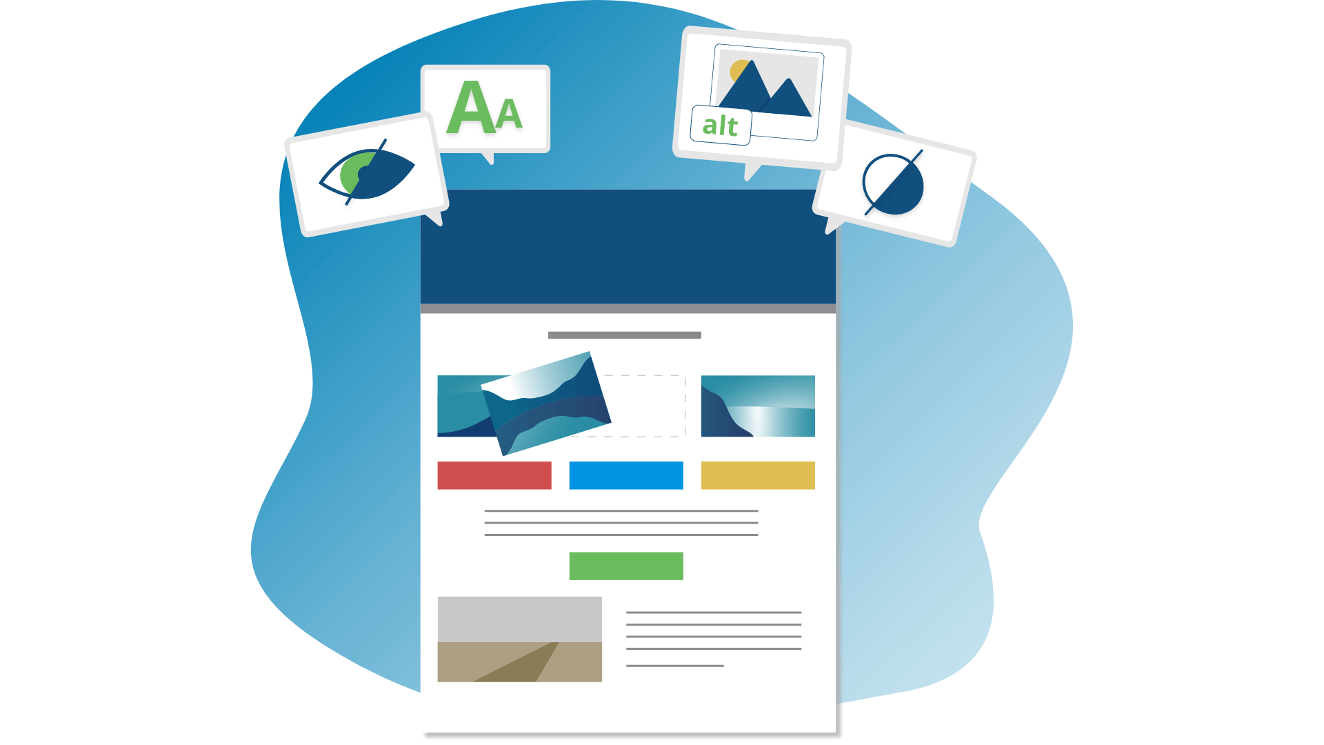 Email template with color contrast, font, alt text and visisbility icons. Illustration.