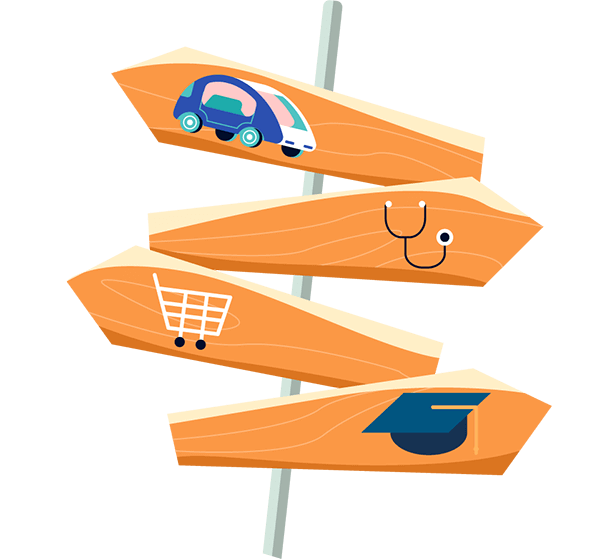A road sign points in four directions, showing that there are templates for different businesses, automotive, medical, e-commerce, and education. Illustration.