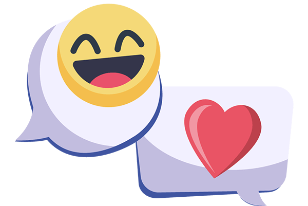 Two message bubbles, one with a grinning face and smiling eyes emoji, the other with a red heart emoji in it. Illustration.