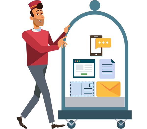 A bellman pushes a hotel luggage cart carrying an email, a postcard, a letter, a landing page, and a phone. Illustration.