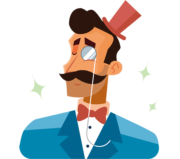 A smartly dressed man with a mustache wears a monocle and a top hat.  Illustration.
