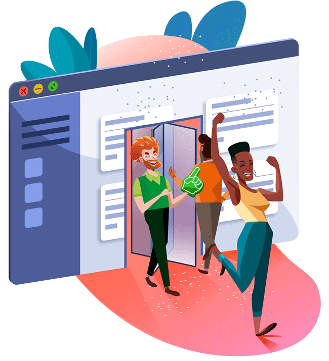 People cheer while going through a revolving door in the middle of a landing page. Illustration. 