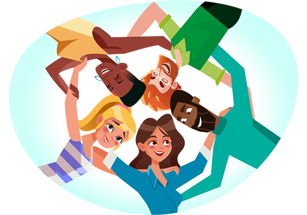 Five people huddled together in a circle. Illustration.