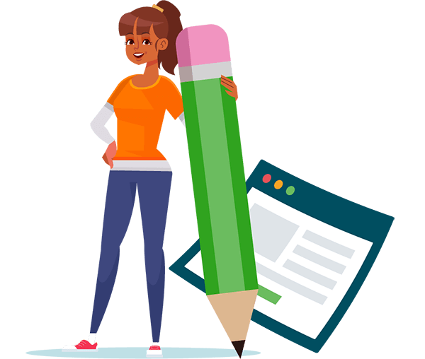 A landing page in the background designed by a girl holding a human-sized pencil Illustration.
