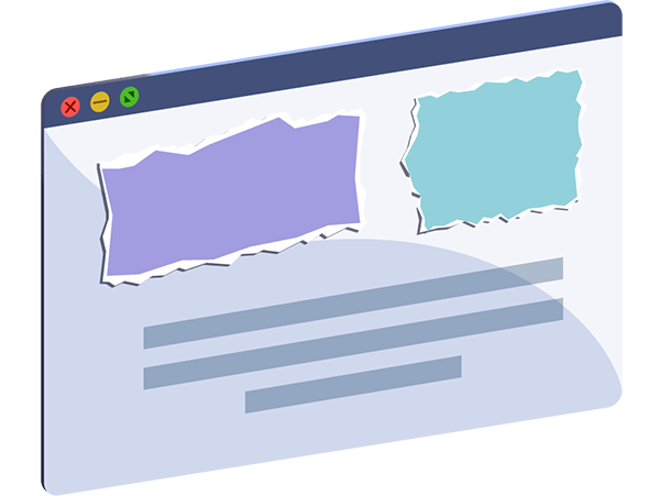 A landing page with torn out pieces from it and new content layered over them. Illustration.