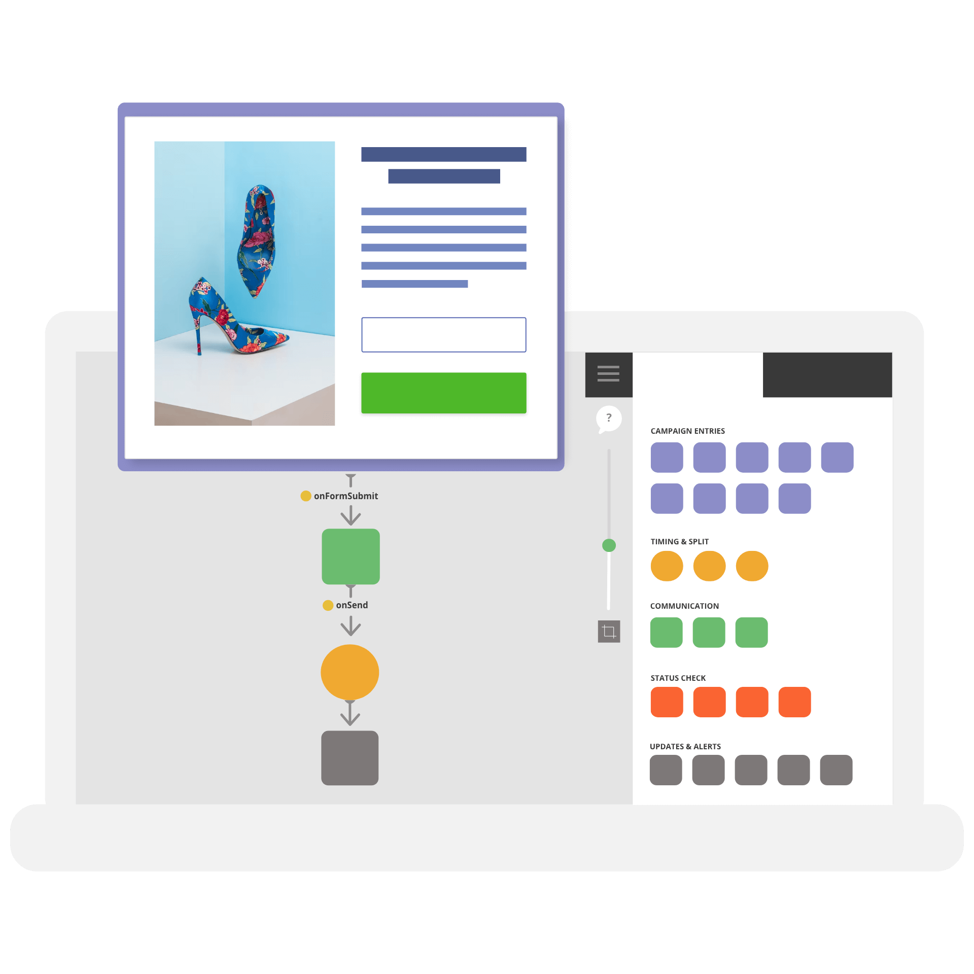 A laptop shows an automated pop-up campaign in Loopify flow editor. Illustration.
