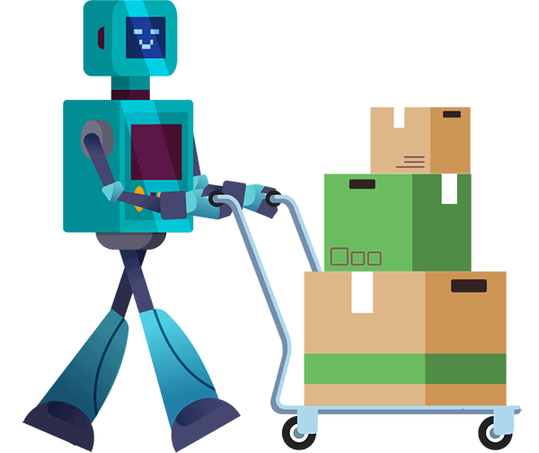 The Loopify robot pushes a delivery cart with boxes. Illustration.