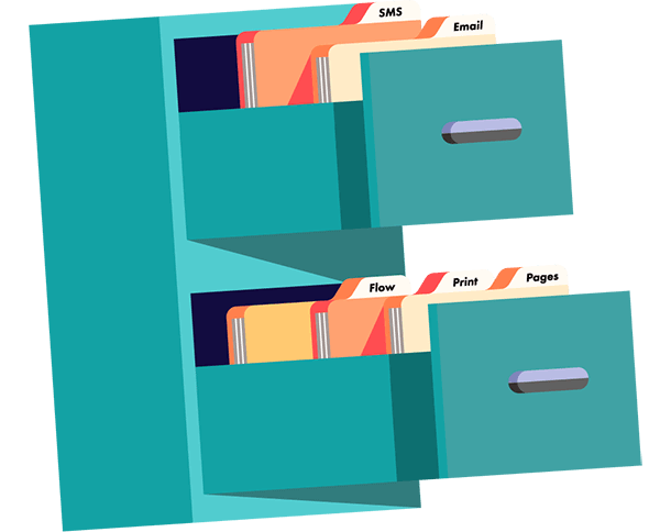 A two-drawer file cabinet with files inside, which are organized into email, SMS, pages, print, and flow. Illustration.